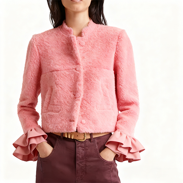 Dusty Pink Faux Fur Cropped Jacket with Ruffled Cuffs