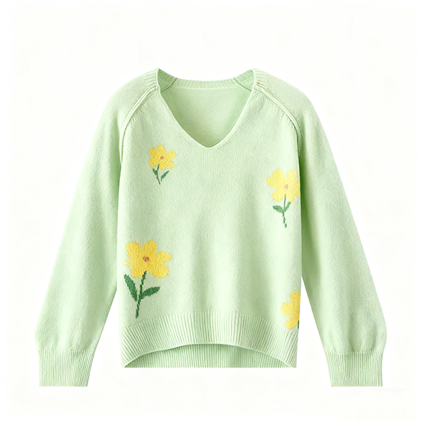 Mint Green V-Neck Sweater with Yellow Flower Pattern