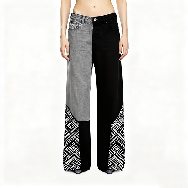 Gray & Black Geometric-Print Wide-Leg Pants
