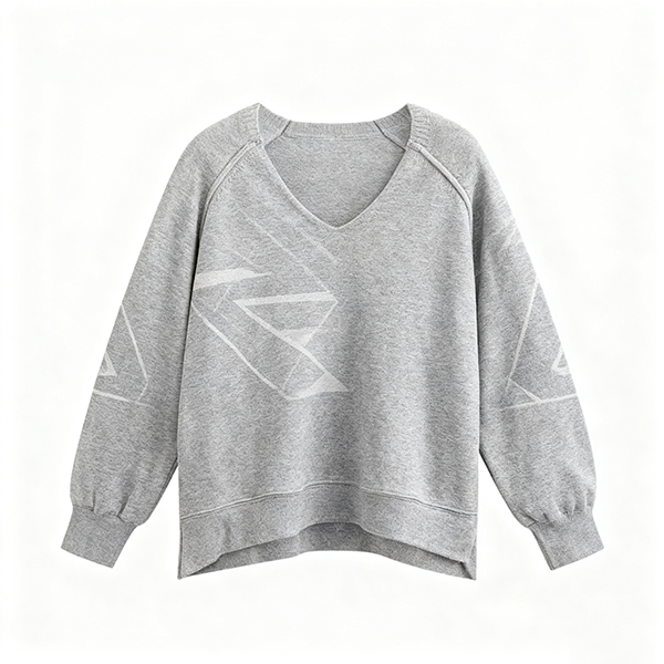 Grey V-Neck Sweater with Geometric Line Pattern