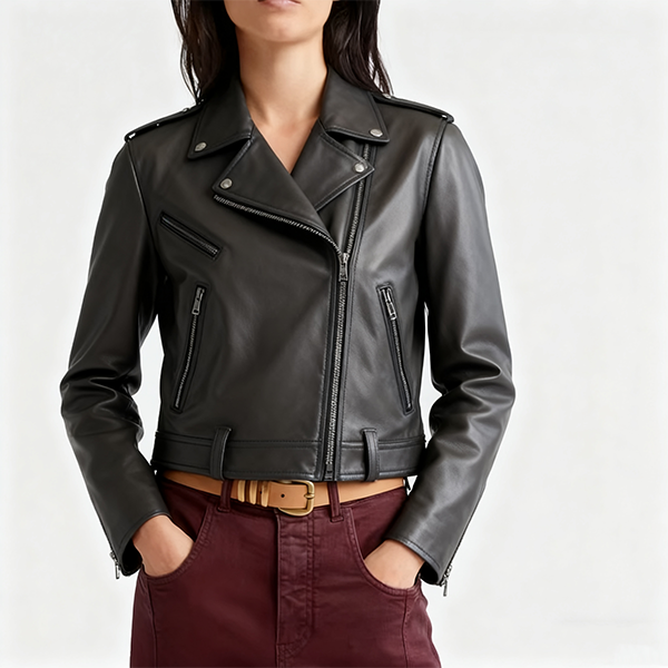 Black Cropped Leather Moto Jacket