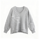 Grey V-Neck Sweater with Geometric Line Pattern