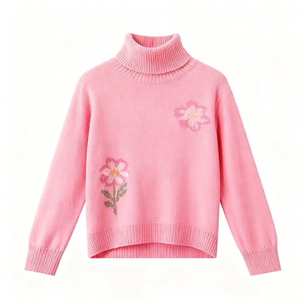 Pink Turtleneck Sweater with Floral Embroidery
