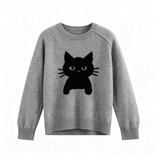 Grey Crew Neck Sweater with Black Cat Graphic